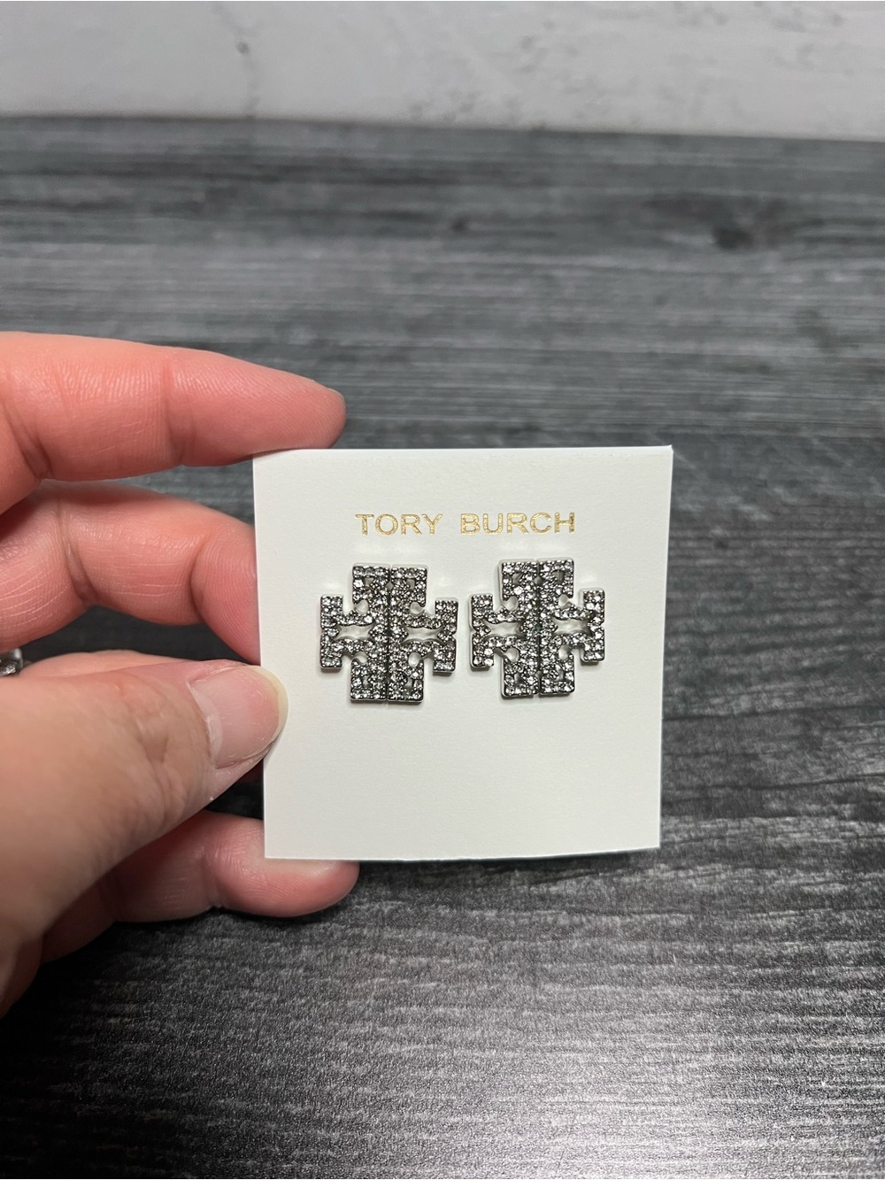 Tory Burch Silver Crystal Logo Stud Earrings